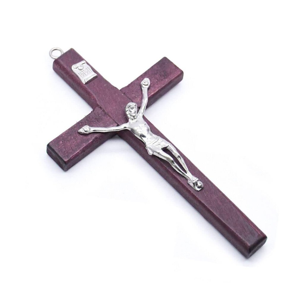 Vintage Wooden Metal Hand Hold Cross Crucifix Holy Religious Carved Christ Brown Style FRTRG-232