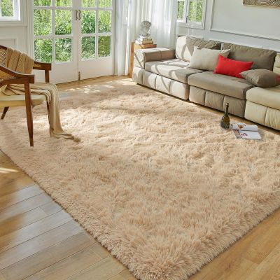 Softlife Beige Area Rug for Bedroom, Fluffy Shag Plush Rugs for Living Room Girls, Shaggy Throw Soft Fuzzy Small Kids Carpet for Dorm Bedside Ultra Cozy Non-Slip Indoor Decor, 4x5.3 Feet