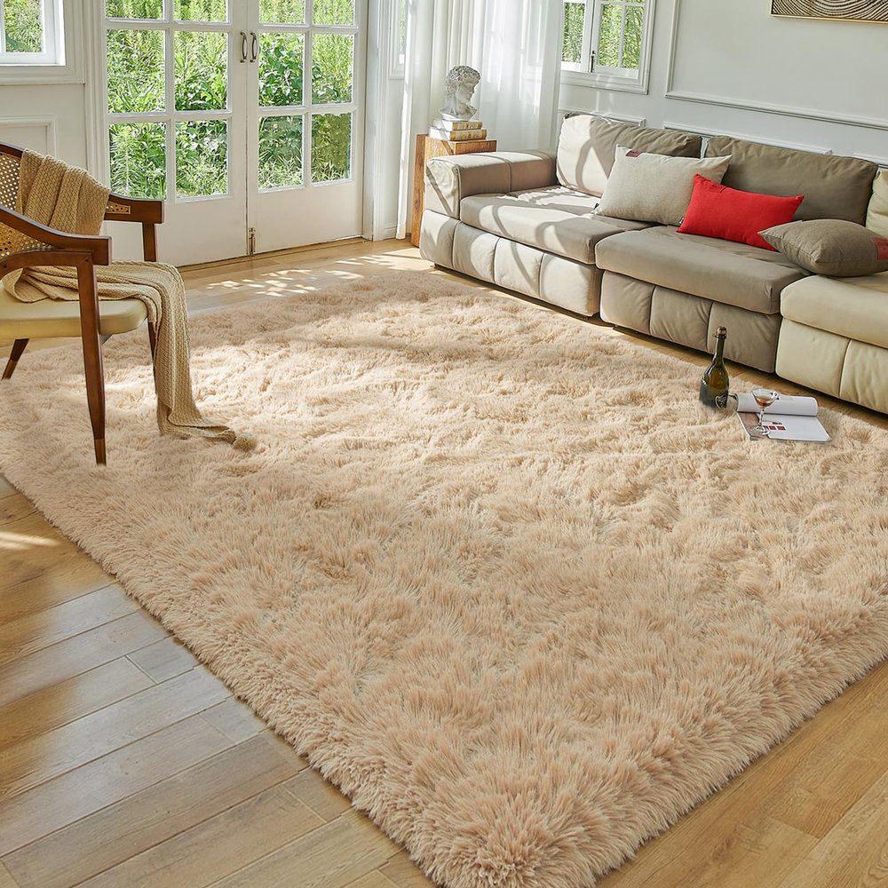 Softlife Beige Area Rug for Bedroom, Fluffy Shag Plush Rugs for Living Room Girls, Shaggy Throw Soft Fuzzy Small Kids Carpet for Dorm Bedside Ultra Cozy Non-Slip Indoor Decor, 4x5.3 Feet