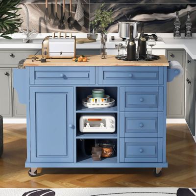 Kitchen Island on Wheels with Storage,Rolling Kitchen Cart with Five Drawers & Cabinet & Storage Shelves,Floor Standing Buffet Sideboard Serving Bar Cart for Kitchen Dining Room-Blue
