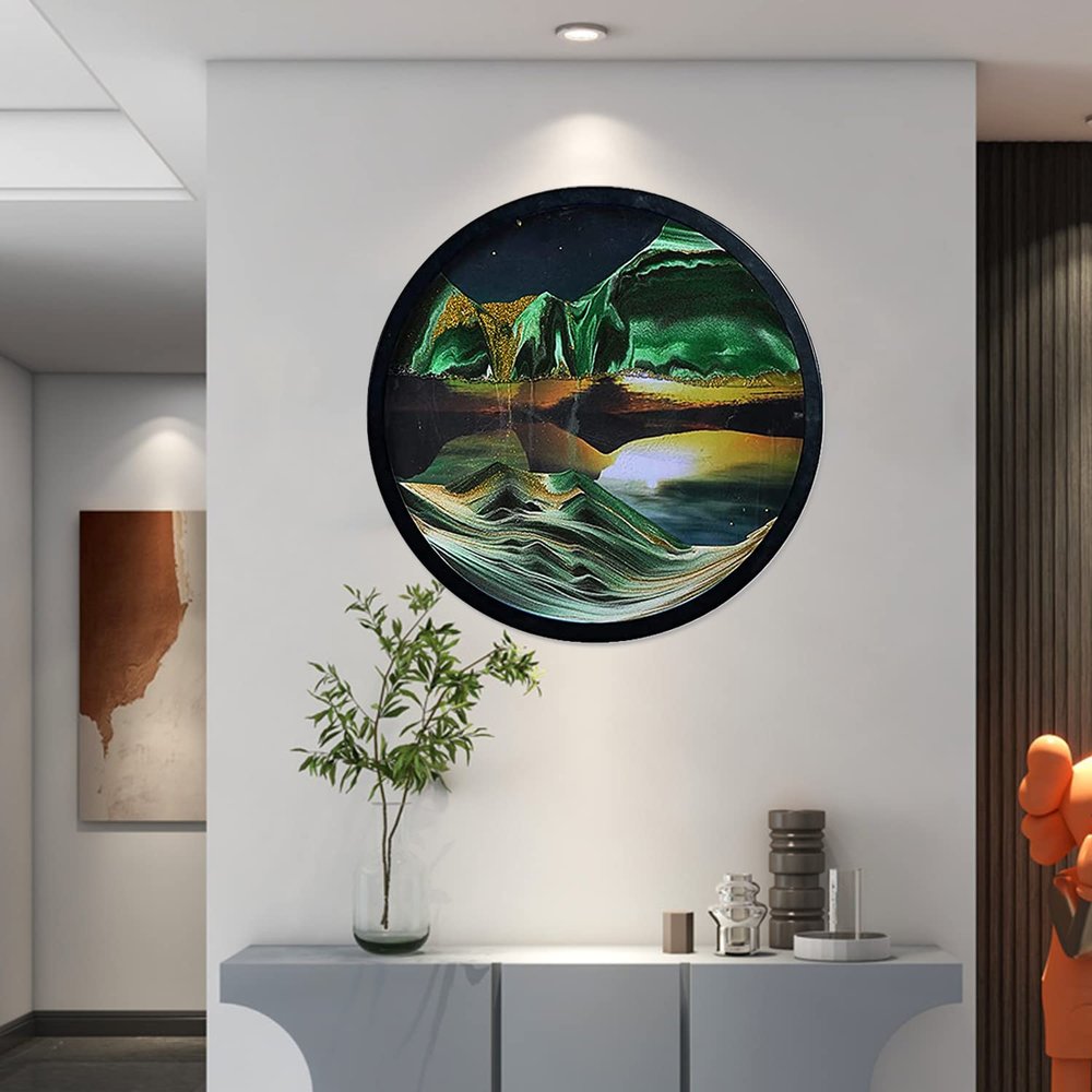 AECEVAN 17.3'' Moving Sand Art Decor, 360  Rotation Wall Art Sculpture Decoration 3D Kids' Sand Art Kits Liquid Motion Sand Painting Art Living Room Home Office Decoration for Art Gallery Decor