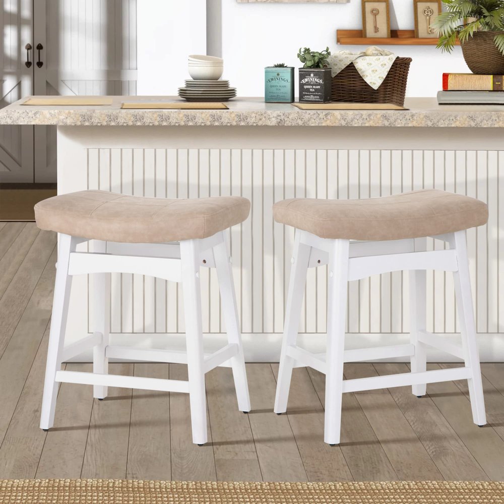 ALPHA HOME Bar Stools Set of 2, Solid Wood Saddle Kitchen Stools with Beige PU Leather Cushion Counter Height Barstools with Wooden Base for Kitchen Dining Cafe, 24 Inch, Beige, 2PCS