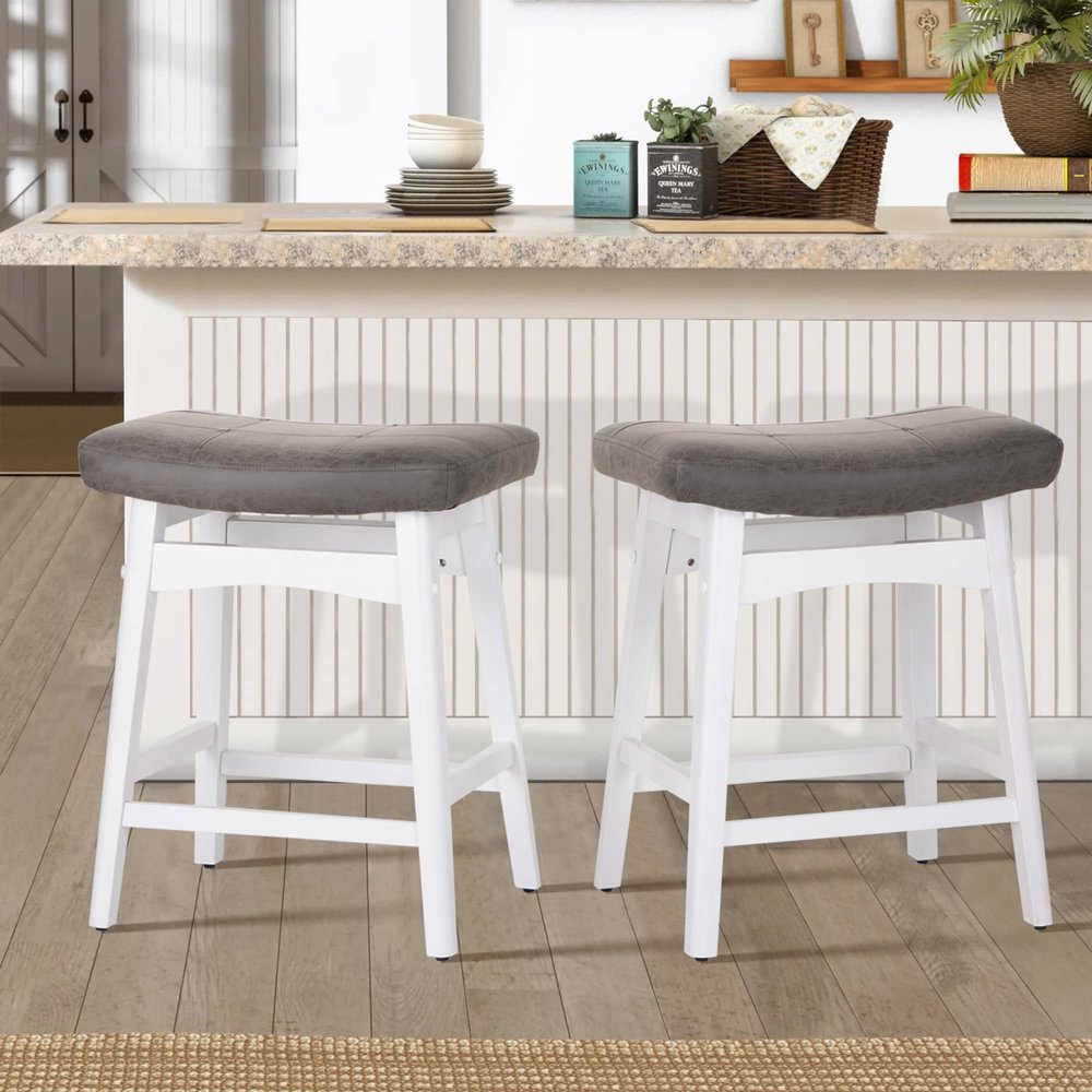 ALPHA HOME Bar Stools Set of 2, Solid Wood Saddle Kitchen Stools with Grey PU Leather Cushion Counter Height Barstools with Wooden Base for Kitchen Dining Cafe, 24 Inch, Grey, 2PCS