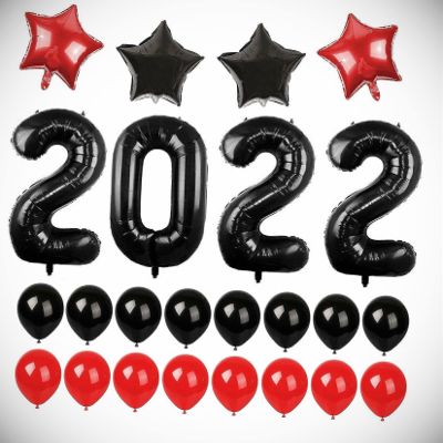 40 Inch Black Red 2022 Number Foil Balloon Latex New Year Grad Prom Party Decor Hanging Balloon Bright Color for Wedding Decoration Banner Air Balloon