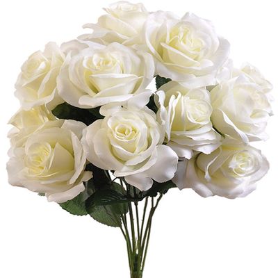 12 Faux 4" Open Roses Bouquet Silk Flowers Exquisite Premium Wedding Centerpiece Decoration Artificial (Cream/Ivory)