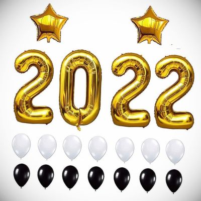 40" Gold 2022 Number Star Foil Balloon New Year Eve Graduation Party Latex Grad Hanging Balloon Bright Color for Wedding Decoration Banner Air Balloon