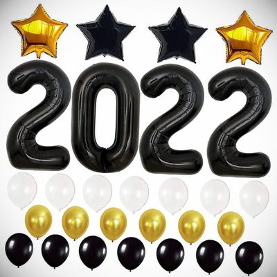 40 Inch Black 2022 Number Foil Balloon New Year Graduation Party Star Latex Grad Hanging Balloon Bright Color for Wedding Decoration Banner Air Balloon