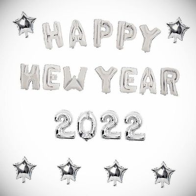 16" 2022 Happy New Year Eve Star Number Letter Foil Balloon Silver Party Decor Hanging Balloon Bright Color for Wedding Decoration Banner Air Balloon