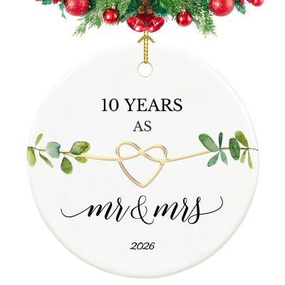 10th Anniversary Ornament, Gifts for 10th Wedding Anniversary, 10 Year Wedding Gifts for Her,Couple,Him, 2.9" Ceramic 10 Year as Mr and Mrs Christmas Ornament 2026