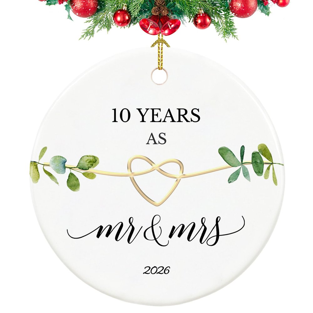 10th Anniversary Ornament, Gifts for 10th Wedding Anniversary, 10 Year Wedding Gifts for Her,Couple,Him, 2.9" Ceramic 10 Year as Mr and Mrs Christmas Ornament 2026