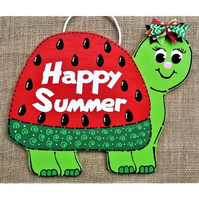 1 Pcs Watermelon Happy Summer Turtle Sign Wall Door Hanger Plaque Wreath Addition