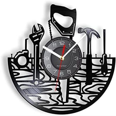 12 Inch Vinyl Record Wall Clock Carpenter Tools Gramophone Record Wall Clock Tool for Lumberjack Wood Saw Tapeline Vinyl Record Timepieces Carved Vinyl Record