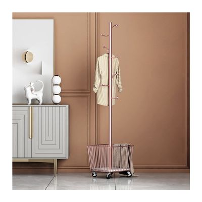 LXBAMKEA Coat Rack Stand Clothes Rack Stand, Garment Shelf with Storage Basket, Handbag Hat Scarfs Storage Holder with Wheels, Portable Hall Entryway Bedroom Organizer (Color : Rose Gold, Size : 36x