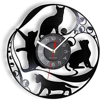 12In Wall Clock Silent Non-Ticking Cat Silhouette Wall Clock Made of Retro LP Vinyl Record & Beans Animal Wall Watch Home Decor