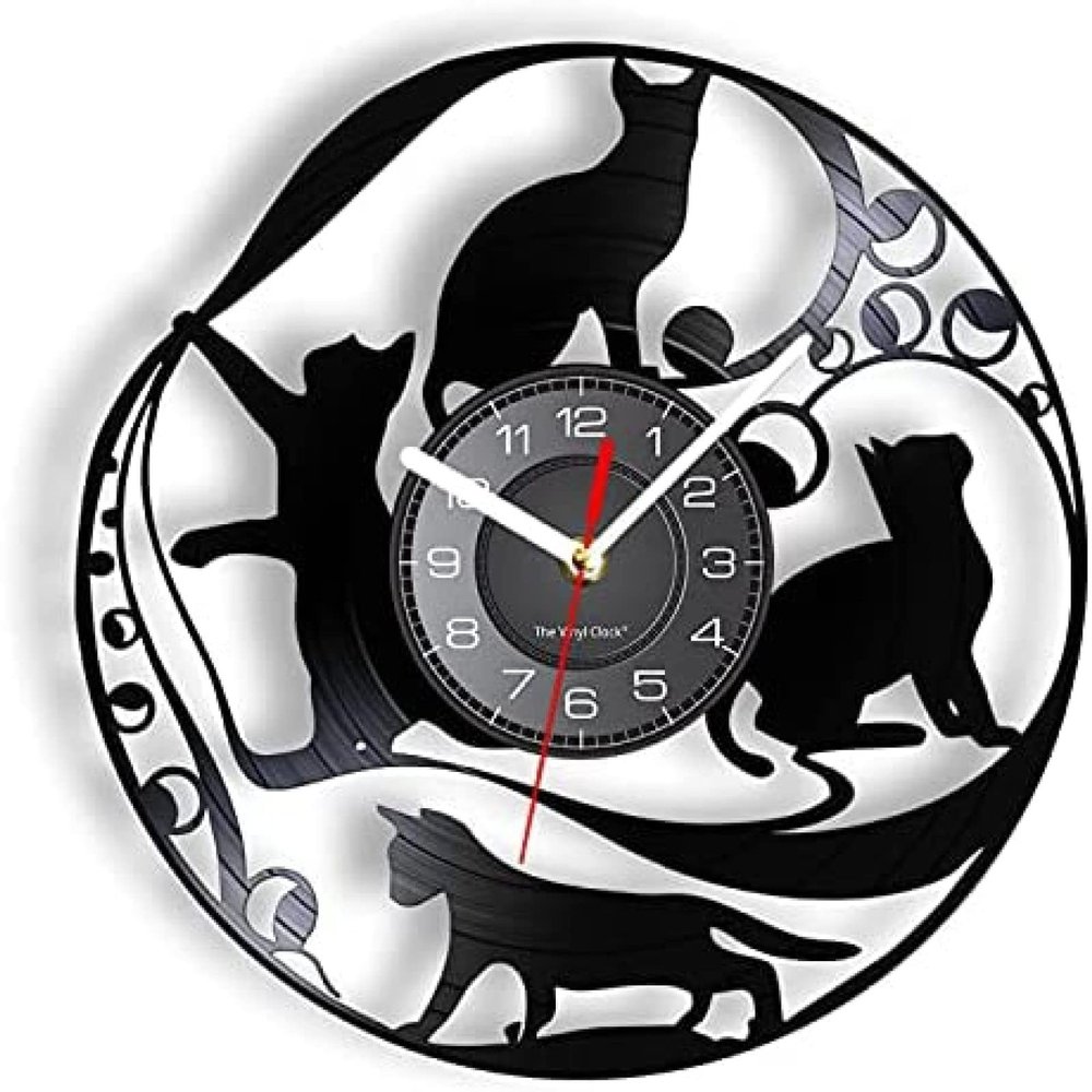 12In Wall Clock Silent Non-Ticking Cat Silhouette Wall Clock Made of Retro LP Vinyl Record & Beans Animal Wall Watch Home Decor