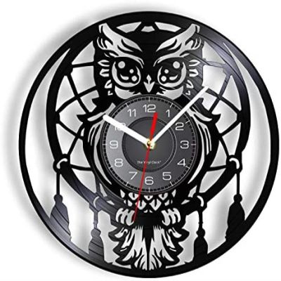 12 Inch Round Wall Clock Owl & Wind Chime Artwork Vinyl LP Wall Clock for Room Home Decor Woodlands Bird Gramophone Record Timepiece Art Clock Watch