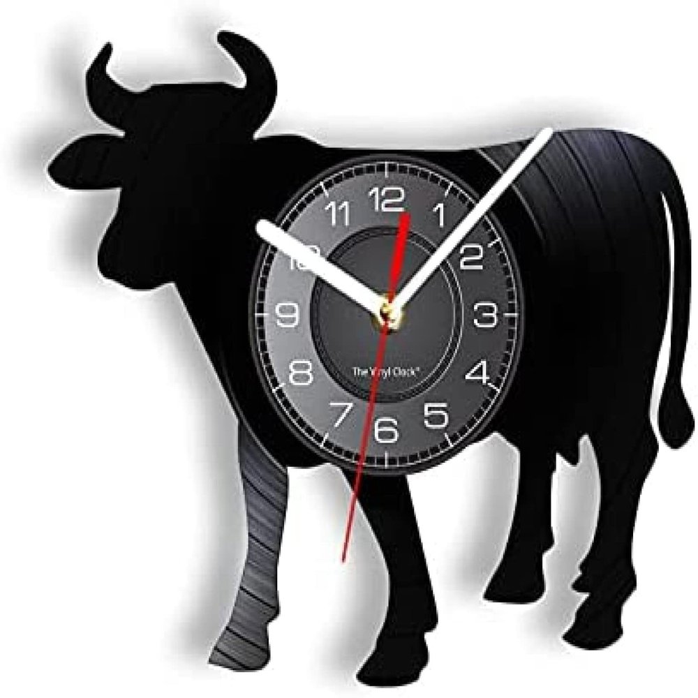 12 Inch Wall Vinyl Decorative Wall Clocks Cattle Silhouette Wall Clock Made of Vinyl LP Record Ox Cow Herbivorous Animal Wall Watch Black Hanging Decor