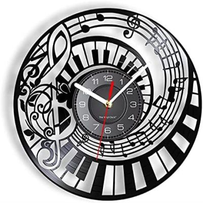 12In Wall Clock Silent Non-Ticking Music Instrument Gramophone Record Wall Clock Black & White Keys Spiral Stair Shaped Retro Timepieces Vinyl Music Record Artwork