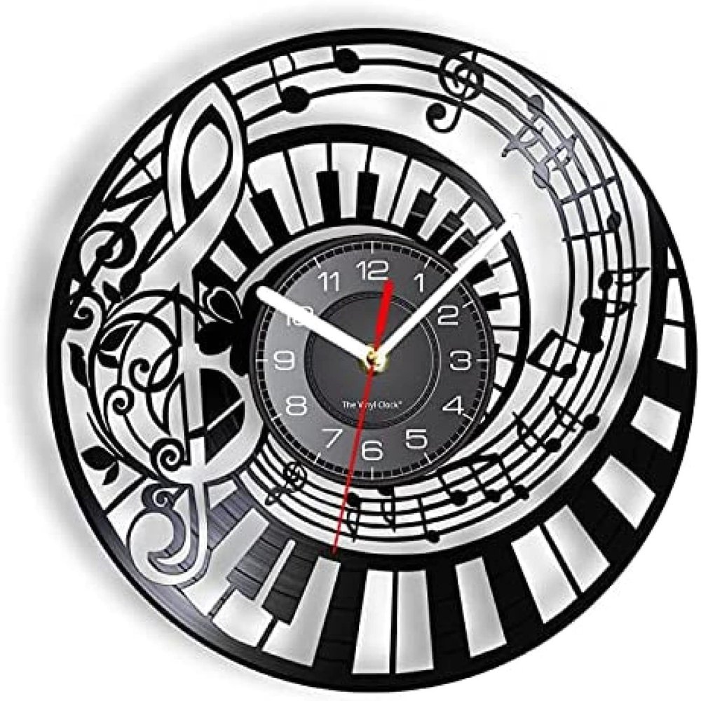 12In Wall Clock Silent Non-Ticking Music Instrument Gramophone Record Wall Clock Black & White Keys Spiral Stair Shaped Retro Timepieces Vinyl Music Record Artwork
