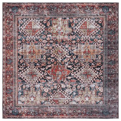 SAFAVIEH Washable Rug Tucson Collection - 6' Square, Navy & Rust, Slip Resistant & Easy to Clean, Ideal for Living Room, Bedroom, Dining Space (TSN130N)