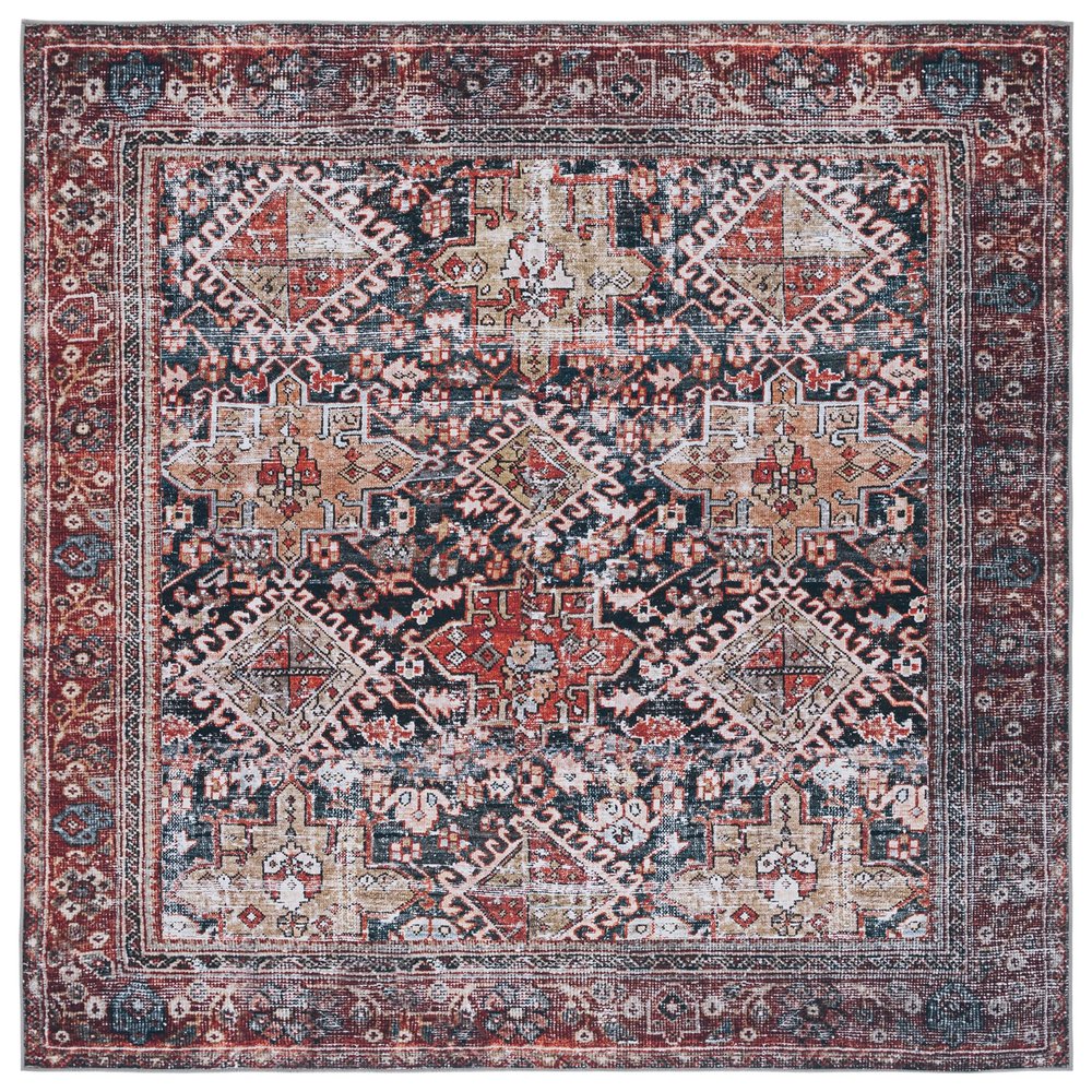 SAFAVIEH Washable Rug Tucson Collection - 6' Square, Navy & Rust, Slip Resistant & Easy to Clean, Ideal for Living Room, Bedroom, Dining Space (TSN130N)