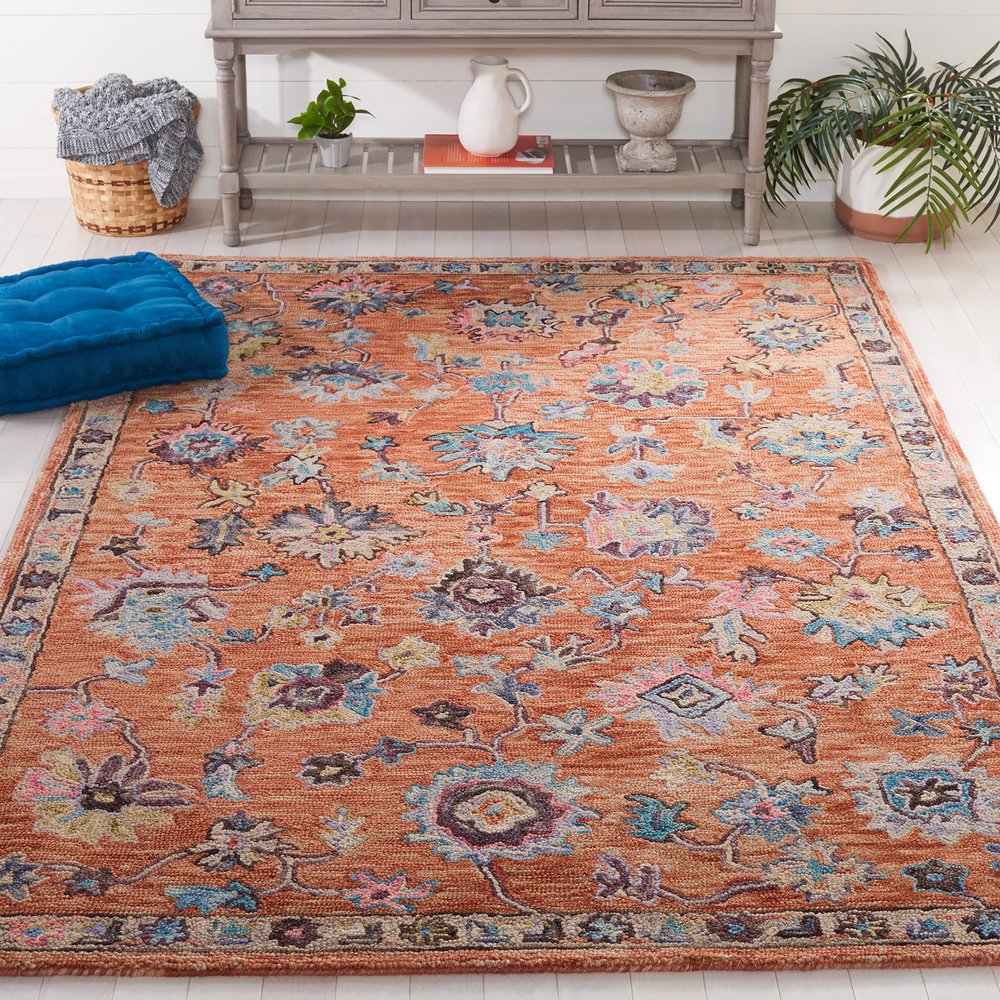 SAFAVIEH Blossom Collection Accent Rug - 4' x 6', Rust & Blue, Handmade French Country Floral Wool, Ideal for High Traffic Areas in Entryway, Living Room, Bedroom (BLM466P)