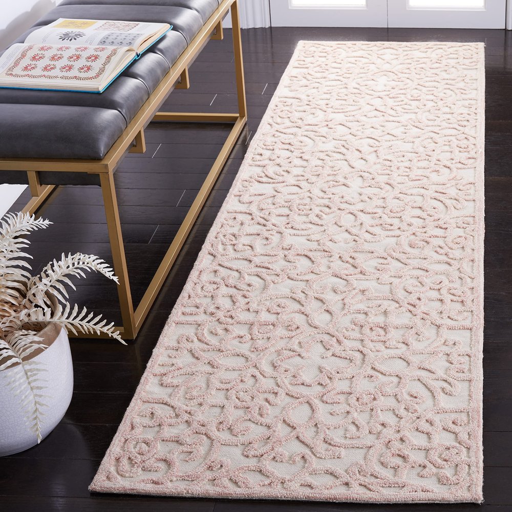 SAFAVIEH Trace Collection Runner Rug - 2'3" x 8', Ivory & Pink, Handmade Scroll Wool, Ideal for High Traffic Areas in Living Room, Bedroom (TRC103U)