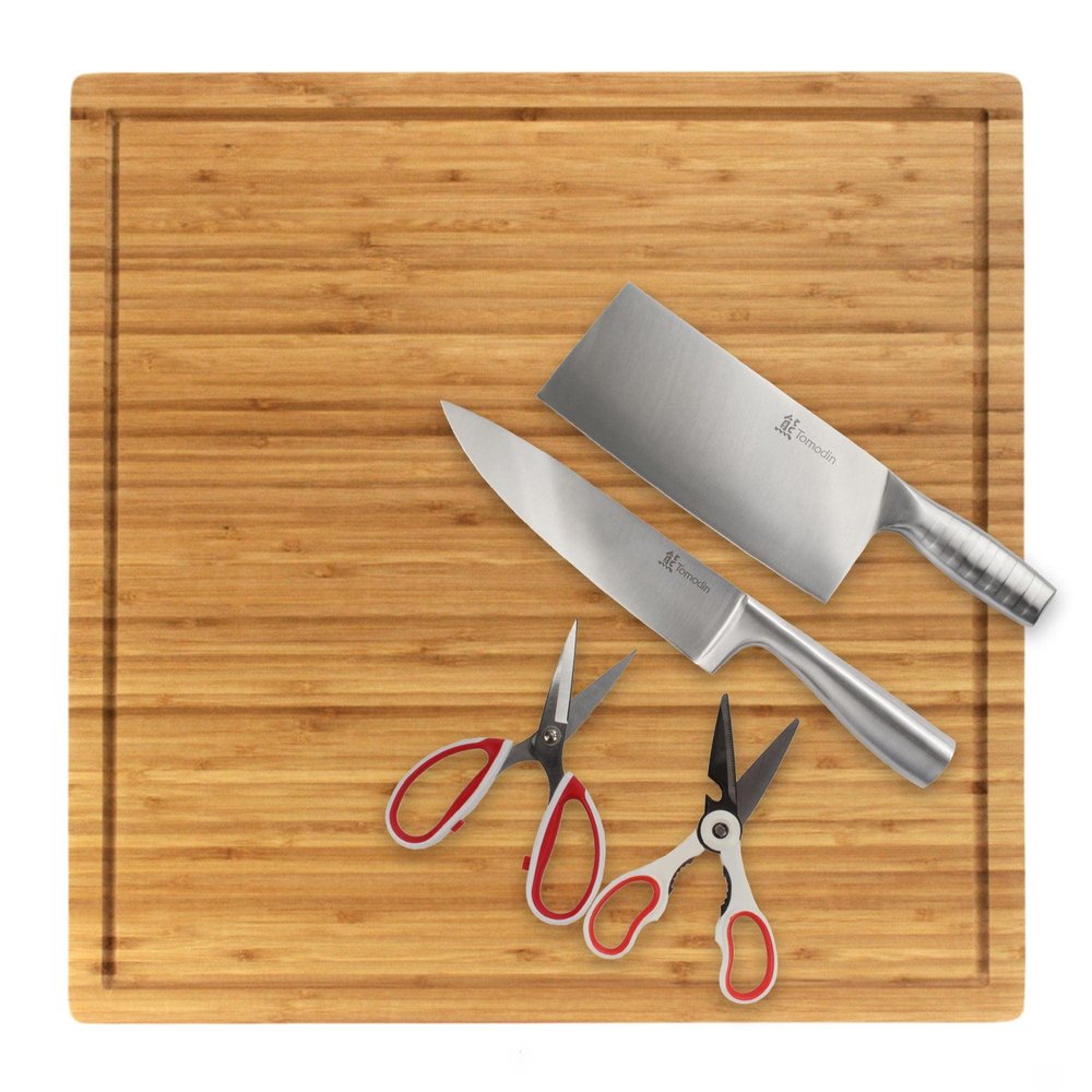 BambooMN Bamboo Burner Cover Cutting Board, 3-Ply, Large Square, 20"x20"x0.75" - Grooved/Flat with Cleaver, Knife, and Kitchen Shear Set