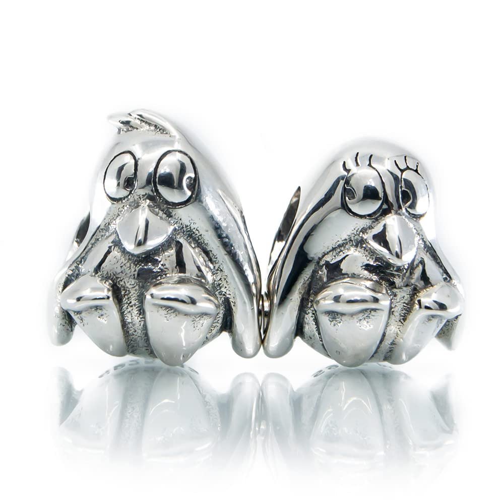 Penguins Couple Magnetic Set of 2 Sterling Silver Charms Beads S925, Cute Penguins holding Flippers Connected by Magnet suits Necklace, Pandora compatible Charm Jewellery