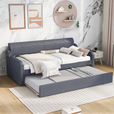 KLMM Unique Twin Size Upholstery DayBed with Trundle and USB Charging Design,Trundle can be Flat or erected, Suitable for Teenagers, Adults, Bedroom, Apartment (Gray@K*)