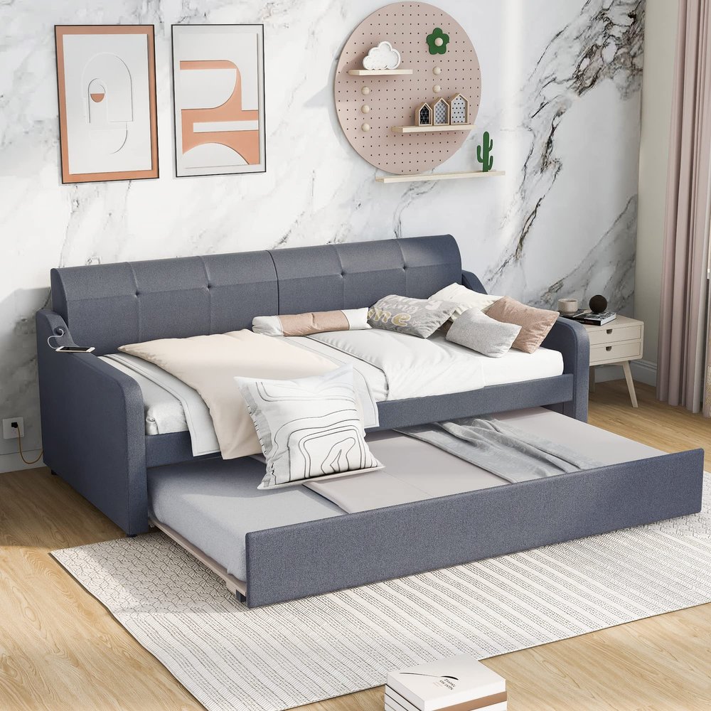 KLMM Unique Twin Size Upholstery DayBed with Trundle and USB Charging Design,Trundle can be Flat or erected, Suitable for Teenagers, Adults, Bedroom, Apartment (Gray@K*)