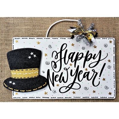 1 Pcs "Happy New Year" Sign Wall Door Hanger Plaque Wreath Accent Holographic Glitter