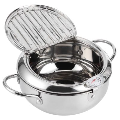 BORDSTRACT Stainless Steel Frying Pot with Thermometer, 3.3 Qt 9.4 Inch Induction Compatible Deep Fryer with Lid and Drip Rack for Home Kitchen Cooking