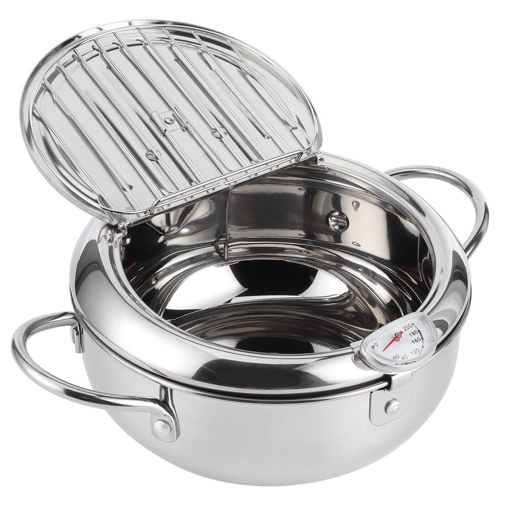 BORDSTRACT Stainless Steel Frying Pot with Thermometer, 3.3 Qt 9.4 Inch Induction Compatible Deep Fryer with Lid and Drip Rack for Home Kitchen Cooking