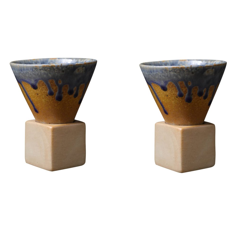 2PCS Coarse Pottery Coffee Mug with Base, 7oz/200ml Creative Triangular Cone Shape Porcelain Mug Funnel Coffee Mug, Vintage Ceramic Personal Tea Cup for Coffee Tea Latte