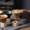 2PCS Coarse Pottery Coffee Mug with Base, 7oz/200ml Creative Triangular Cone Shape Porcelain Mug Funnel Coffee Mug, Vintage Ceramic Personal Tea Cup for Coffee Tea Latte view 2