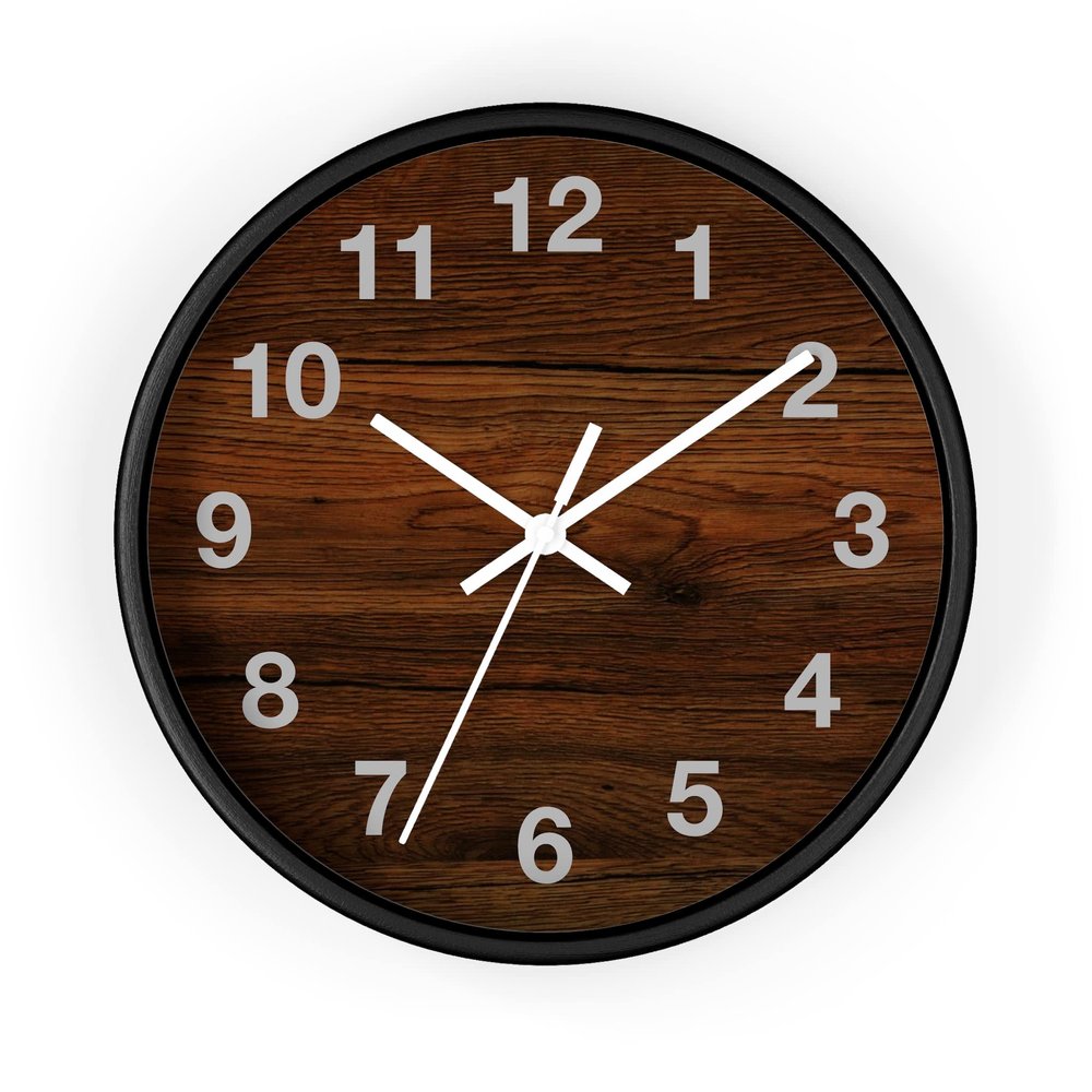 Mozingo ~ Premium Quality Silent No Tick Wall Clock Designer Clocks for Living Room Kitchen Bedroom 10" Made in USA (Frame Color: Black, Time Marks: Numbers, Wood Grain)