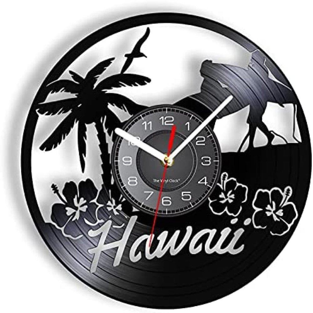 12 Inch Round Wall Clock Hawaii Holiday Beach Vinyl Record Wall Clock Tropical Palm Tree Surfers Home Decor Travel Craft The American States Artwork