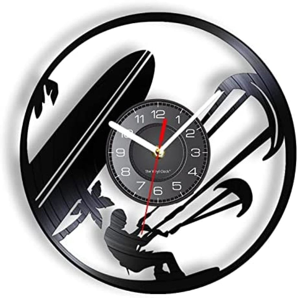 12 Inch Round Wall Clock Kitesurfing Sports Wall Clock Made of Re-purposed Vinyl Album Ocean Sport Surfing Beach Laser Etched LP Wall Watch Surfers' Gift