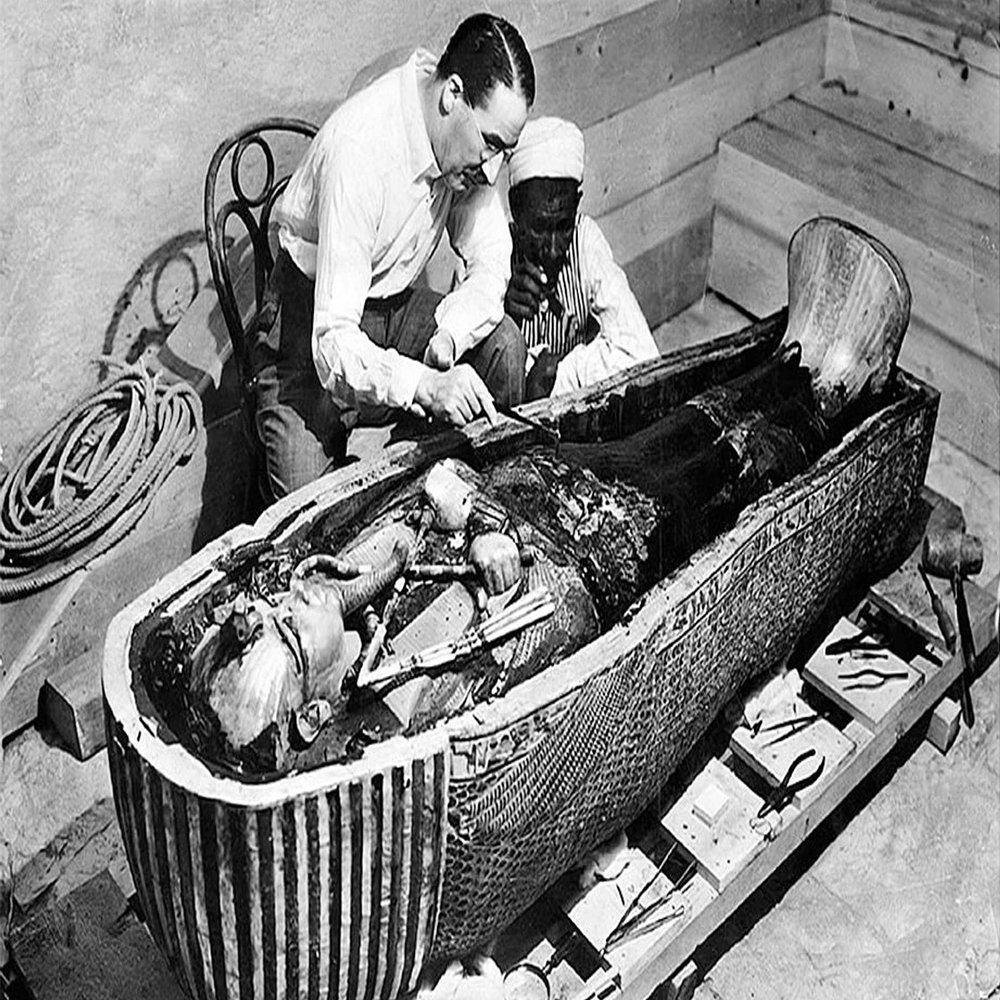 24x36 gallery poster, Howard Carter examining the innermost coffin of Tutankhamun, King Tut