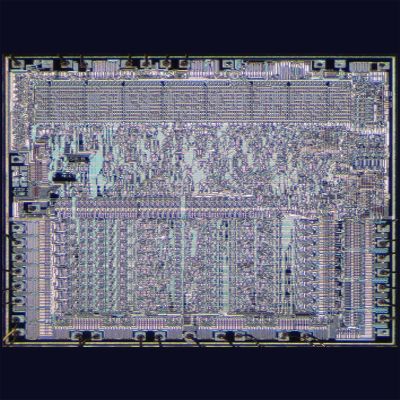 24x36 gallery poster, Die photograph of a MOS 6502, an early 1970s microprocessor integrating 3500 transistors on a single chip