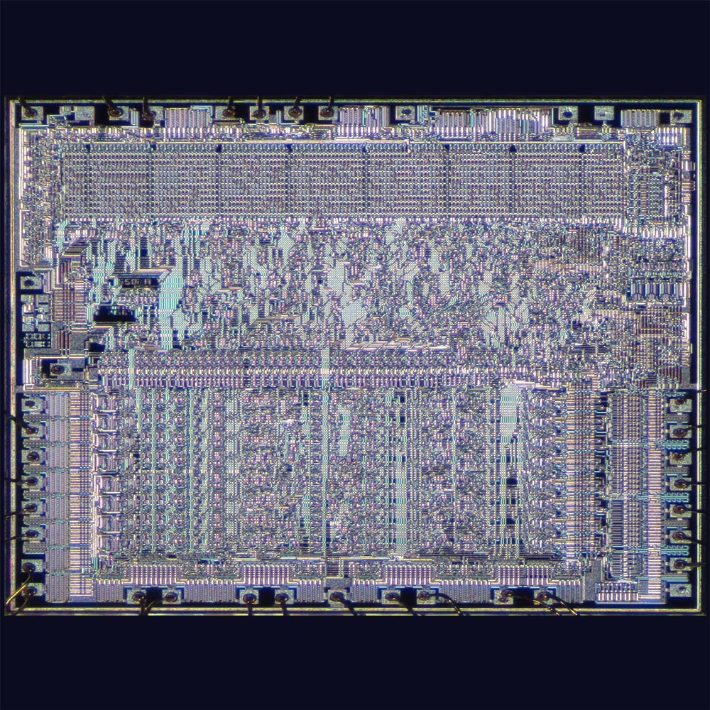 24x36 gallery poster, Die photograph of a MOS 6502, an early 1970s microprocessor integrating 3500 transistors on a single chip