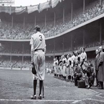 24x36 gallery poster, Babe Ruth at Yankee Stadium prior to the Yankees' retirement of his jersey number by Nat Fein