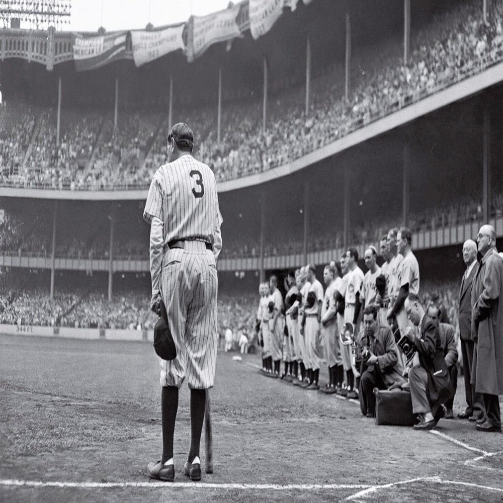 24x36 gallery poster, Babe Ruth at Yankee Stadium prior to the Yankees' retirement of his jersey number by Nat Fein