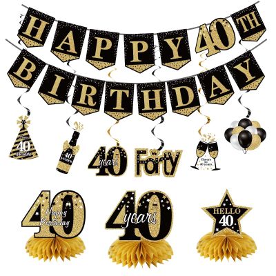 40th Birthday Banner Decorations for Men Women, 10Pcs Happy 40 Birthday Banner Honeycomb Centerpiece Swirls Kit, Black Gold Forty Bday Ceiling Table Topper Sign Party Supplies