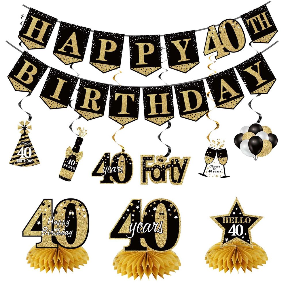 40th Birthday Banner Decorations for Men Women, 10Pcs Happy 40 Birthday Banner Honeycomb Centerpiece Swirls Kit, Black Gold Forty Bday Ceiling Table Topper Sign Party Supplies