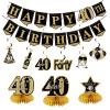 40th Birthday Banner Decorations for Men Women, 10Pcs Happy 40 Birthday Banner Honeycomb Centerpiece Swirls Kit, Black Gold Forty Bday Ceiling Table Topper Sign Party Supplies view 1