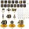 40th Birthday Banner Decorations for Men Women, 10Pcs Happy 40 Birthday Banner Honeycomb Centerpiece Swirls Kit, Black Gold Forty Bday Ceiling Table Topper Sign Party Supplies view 3