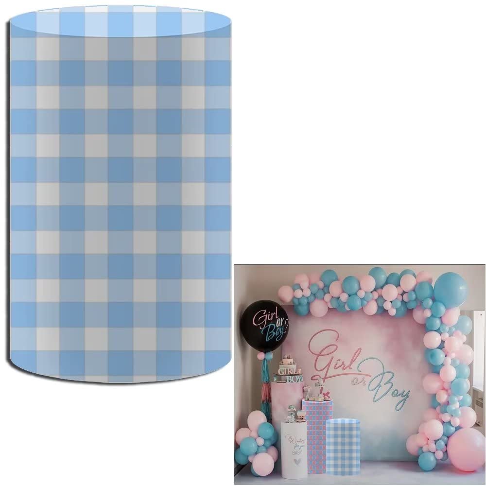 FiVan Baby Shower Party Plinth Cylinder Cover Gender Reveal Blue Mosaic Pattern Elastic Stretch Spandex Pedestal Cover NO-1883