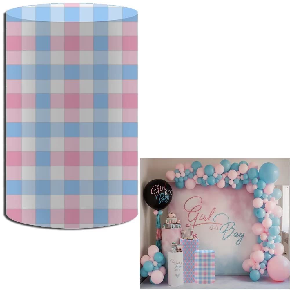FiVan Baby Shower Party Plinth Cylinder Cover Gender Reveal Blue Pink Mosaic Pattern Elastic Stretch Spandex Pedestal Cover NO-1880
